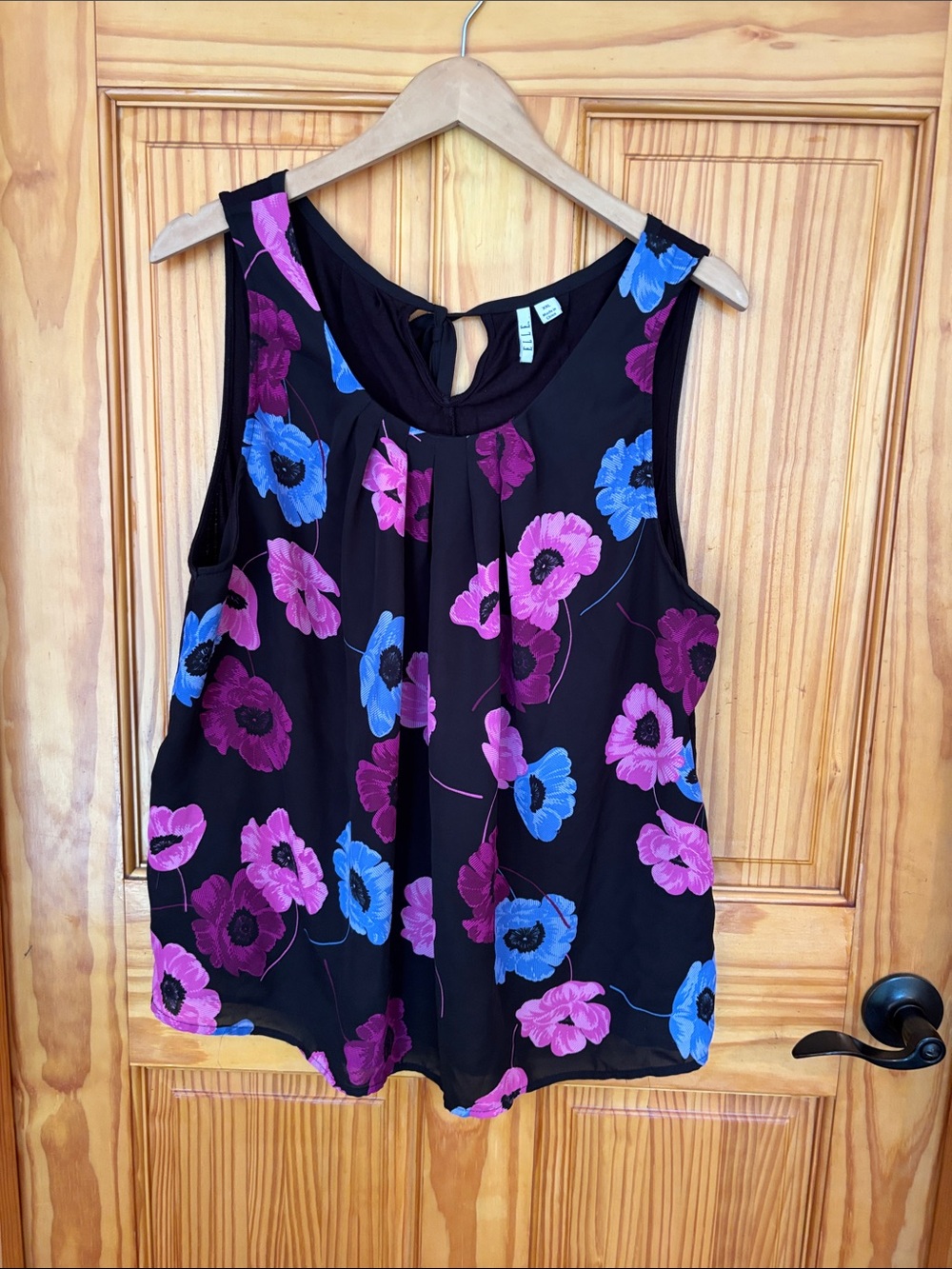 Elle Black Floral Tank with Pink & Blue Blooms